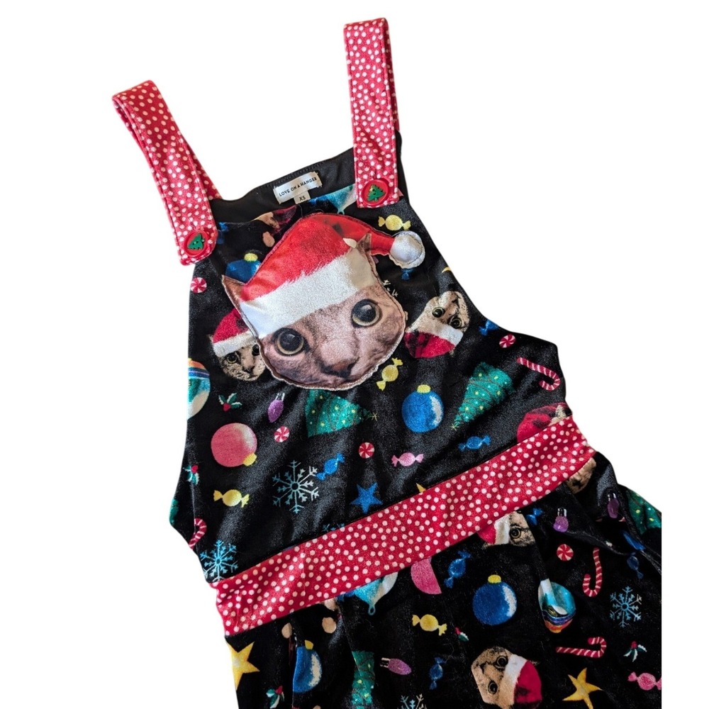 Love On A Hanger Christmas Cat 3D Velour Overalls Jumpsuit XS